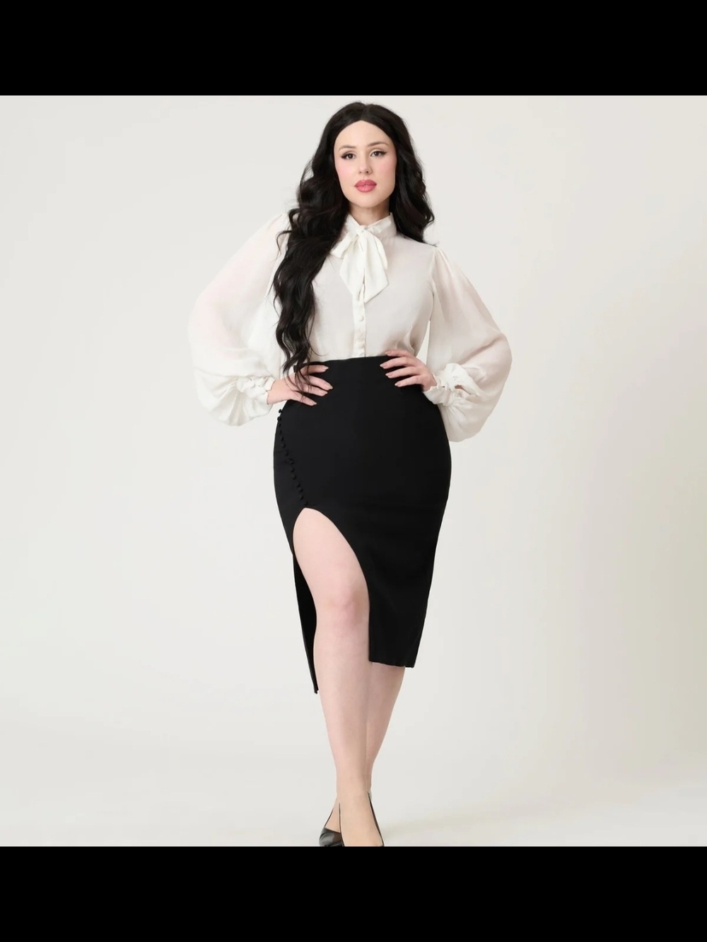 Unique Vintage Black Pencil Skirt XL NWOT Side Slit Button Detail Sold Out Pinup